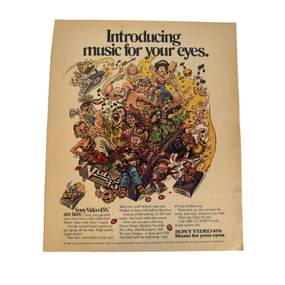 Vintage 1983 Sony Video 45's Music for you Eyes Advertisement Print Ad